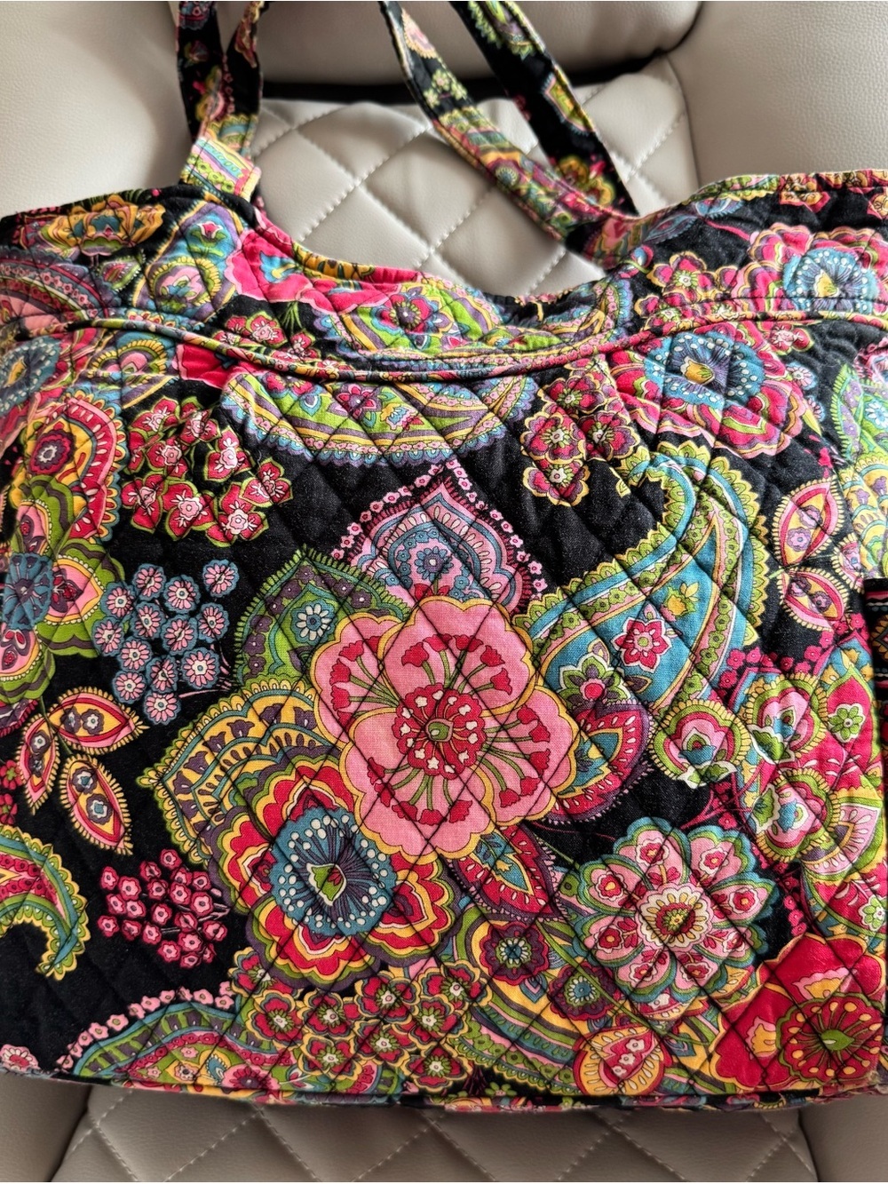 Vera Bradley Black Quilted Tote with Pink, Green & Yellow Floral Print